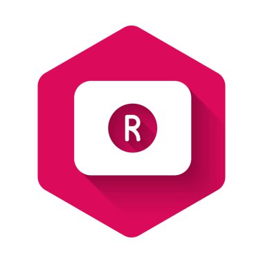 White Record button icon isolated with long shadow background. Rec button. Pink hexagon button. Vector