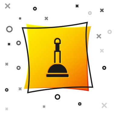 Boru temizleme ikonu için tahta saplı siyah kauçuk pompa beyaz arka planda izole edilmiş. Tuvalet pompası. Sarı kare düğme. Vektör