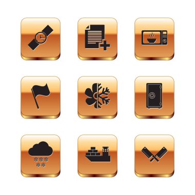 Bileklik saati, karlı bulut, kargo gemisi, klima, bayrak ve mikrodalga fırın ikonu. Vektör