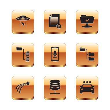 Set UFO inek, Kayan Yıldız, Sunucu, Veri, Web Sunucusu, Mobil Kayıt, Dizin Ağacı ve FTP işletim simgesini kaçırır. Vektör