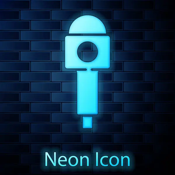 Gloeiende Neon Microfoon Pictogram Geïsoleerd Bakstenen Muur Achtergrond Radio Microfoon — Stockvector