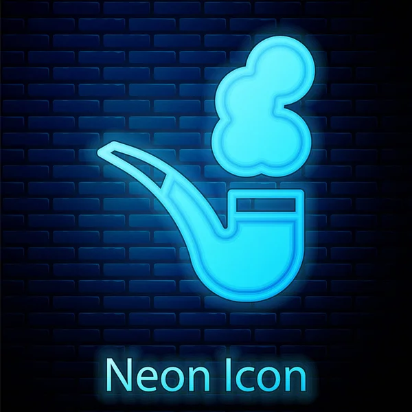 Glowing Neon Smoking Pipe Smoke Icon Isolated Brick Wall Background — Stock Vector