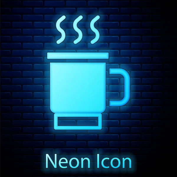 Светящийся Неоновый Чашка Чая Значок Изолированы Фоне Кирпичной Стены Вектор — стоковый вектор