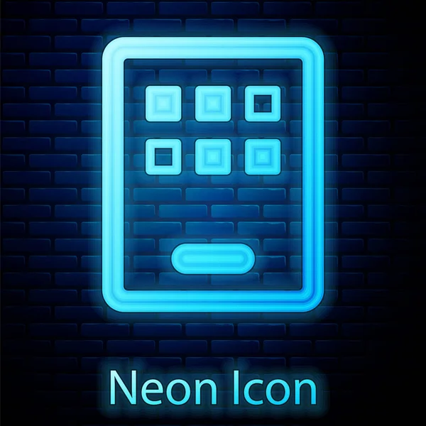 Brilhante Neon Gráfico Tablet Ícone Isolado Fundo Parede Tijolo Vetor — Vetor de Stock