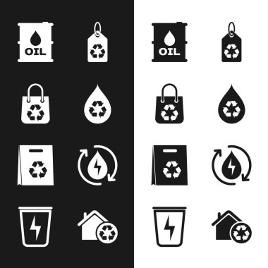 Temiz su, geri dönüşüm torbası, yağ fıçısı, etiket, Eco House geri dönüşümü ve yıldırım çöp kutusu simgesiyle geri dönüşümü ayarla. Vektör