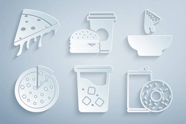 Sulu bardak, tabakta nachos, pizza, alüminyum kutu soda ve çörek, kahve burger ve pizza ikonu. Vektör