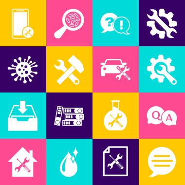 Konuşma baloncuğu sohbetini, Soru-Cevap 'ı, anahtar takımını, ünlemleri, çapraz çekiç anahtarını, bakterileri, mobil servisi ve araba simgesini ayarlayın. Vektör