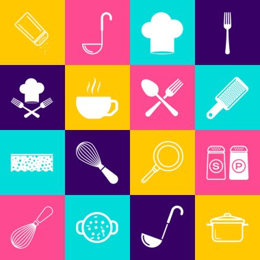 Tencere, tuz ve biber, Grater, Şef şapkası, kahve fincanı, çatal ve çapraz kaşık ikonu. Vektör