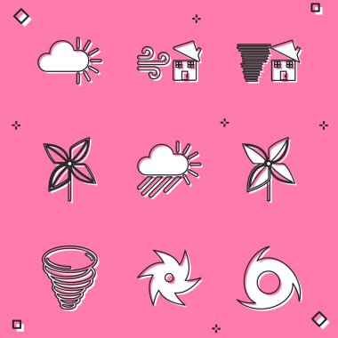 Bulutlu, Kasırga girdabı, Fırıldak, yağmurlu, güneşli ve ikonlu. Vektör