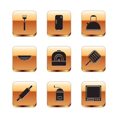 Fork, Rolling pin, Manuel kahve öğütücü, fırın, mutfak süzgeci, saplı kettle, elektronik pullar ve buzdolabı ikonu. Vektör
