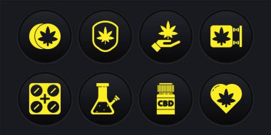 Tıbbi hapları marihuana, marihuana ve esrar dükkanına, sigara, şişe, yaprak, kalkan, kalp ve bitkisel ecstasy ikonu için cam nargileye ayarla. Vektör