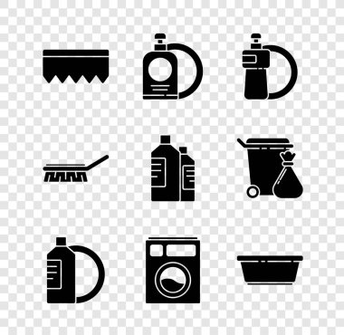 Köpüklü sünger, bulaşık deterjanı, bulaşık deterjanı, bulaşık makinesi, plastik leğen, temizlik fırçası ve şişe ikonu. Vektör
