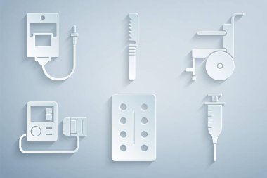 Hapları su toplamaya, tekerlekli sandalyeye, engelliler için kan basıncına, şırıngaya, testere ve serum torbasına koyun. Vektör