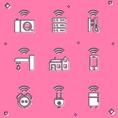 Akıllı fotoğraf makinesi, sunucu, termometre, su musluğu, kablosuz, kablosuz akıllı telefon, robot elektrik süpürgesi ve elektrik prizi ikonu olan bir ev ayarla. Vektör