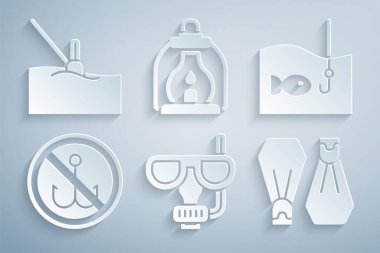 Dalış maskesi, şnorkel, balık oltası balıkçılık yok, yüzmek için lastik yüzgeçler kamp feneri ve su ikonu. Vektör