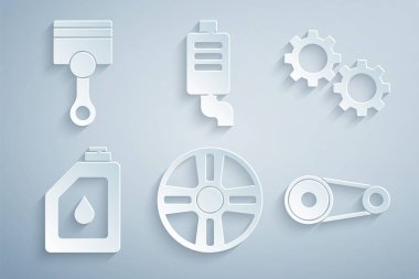 Alloy wheel, Gear, teneke kutu motor yağı, zaman ayarlı kemer kiti, araba susturucusu ve motor piston simgesi. Vektör