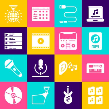 Müzik dosyası belgesi, synthesizer, MP3, Audio jack, Online playlist, playlist, disko topu ve hoparlörlü Home stereo ayarlayın. Vektör