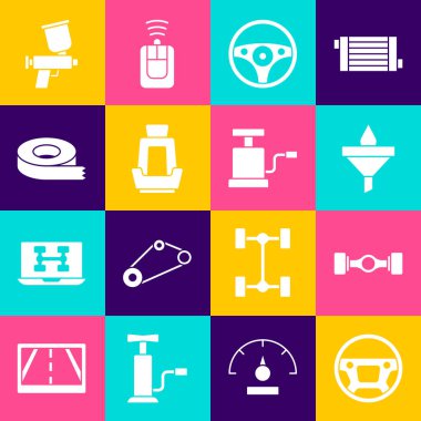Direksiyon, Chassis arabası, huni ve yağ damlası, araba koltuğu, selobant, boya sprey tabancası ve hava pompası ikonu. Vektör