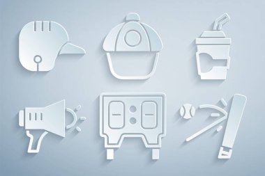 Beyzbol mekanik skorbordu, su dolu kağıt bardak, megafon, beysbol sopası, şapka ve kask ikonu. Vektör