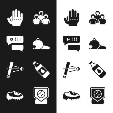 Beyzbol şapkası, konuşma balonu sohbet beyzbolu, eldiven, oyuncu takımı, beysbol sopası, şişe suyu ve bot ikonu. Vektör