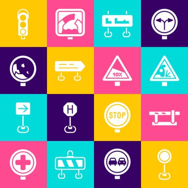 Trafik levhası, park yeri bariyeri, uyarı yolu, kayalıklar, trafik ışığı ve dik yükselme ve alçalma simgesi. Vektör