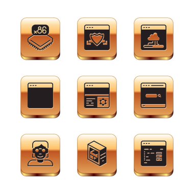 İşlemciyi işlemci, işlemci, Hacker kodlayıcısı, Bilgisayar, Hata Ayıklama, Tarayıcı penceresi, Bulut teknolojisi veri transferi, Yazılım ve kalkan simgesi ile ayarla. Vektör