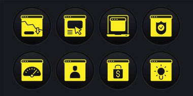 Dijital hız ölçer, Kalkanlı Tarayıcı, Hesap Ekranı Oluştur, Çevrimiçi alışveriş, Laptop tarayıcı penceresi, UI veya UX tasarımı ve Finansal büyüme azalt simgesini ayarla. Vektör