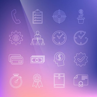 Satır Sertifika şablonu, onaylandı ve işaretlendi, oklu saat, hedef sporu, yönlendirme pazarlaması, Gear dolar sembolü, telefon ahizesi ve simge. Vektör