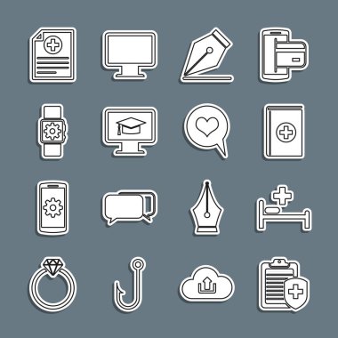 Tıbbi sigortalı pano, hastane yatağı, tıp kitabı, dolmakalem ucu, monitör mezuniyet şapkası, Smartwatch seti, klinik kayıt ve kalp konuşma balonu ikonu. Vektör