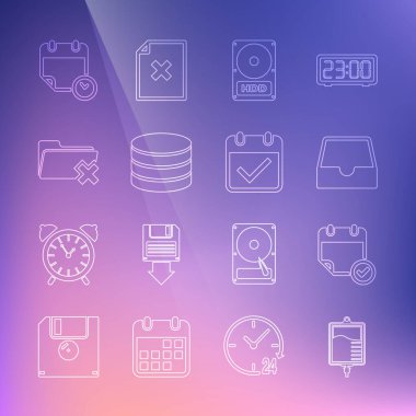 Satır IV, onay işaretli takvim, sosyal medya gelen kutusu, sabit disk sürücüsü HDD, veritabanı, silme klasörü ve saat ve simgesini ayarla. Vektör