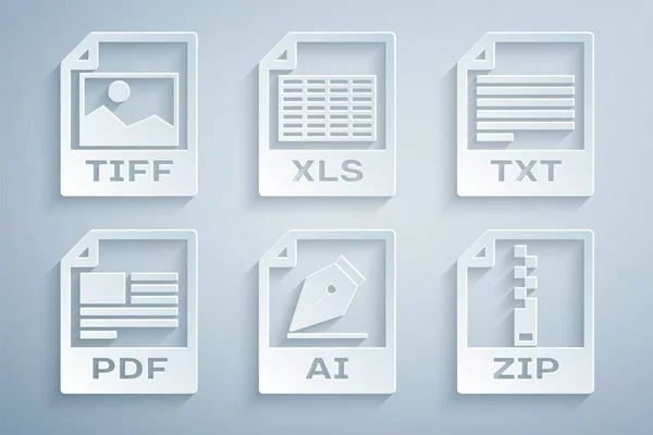 Establecer Documento Archivo Txt Pdf Zip Xls Tiff Icono Vector — Vector de stock