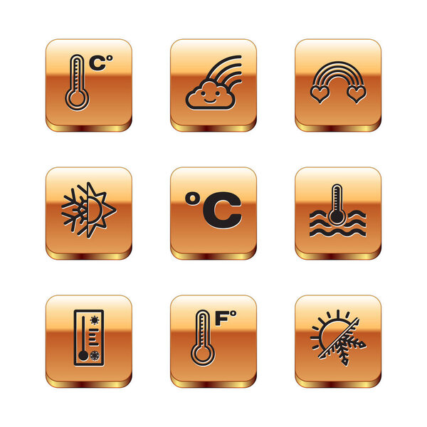 Set Meteorology thermometer, Celsius, Sun and snowflake, Rainbow with heart,  and cloud icon. Vector