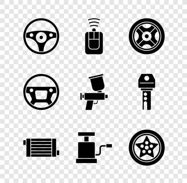 Set Steering wheel, Car key with remote, radiator cooling system, air pump,  and Paint spray gun icon. Vector