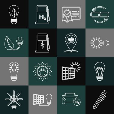Hat hattı, Pen, ampul, elektrik prizli güneş, sertifika şablonu, elektrikli araba şarj istasyonu, tasarruf yaprağı ve konum alışveriş septi ikonu. Vektör