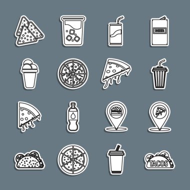 Taco 'yu tortilla, lokasyon pizzası, cam su, soda kutusu pipet, pizza, dondurma, nachos ve bir dilim ikon ile ayarla. Vektör