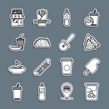 Su, dondurma, Nachos, Şişe of, Taco tortilla, Soda ve Sosisli, Pizzeria binası cephesi ve pizza bıçağı ikonu. Vektör