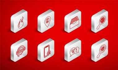 Hat mikroorganizmaları büyüteç, konum servisi, belgeli çekmece, sorgulama ve ünlem, temiz su damlası, mobil ve kulaklık konuşma balonu sohbet ikonu altında ayarla. Vektör