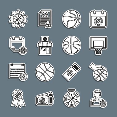 Set çizgisi basketbol oyuncusu, basketbol, arka tahtası, spor mağazası, spor takvimi, planlama stratejisi konsepti ve ikonu. Vektör