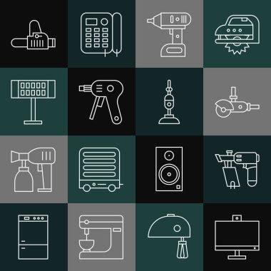 Hat bilgisayar monitörü, çivi tabancası, açılı öğütücü, elektrik kablosuz tornavida, sıcak tutkal, ısıtıcı, elektrikli testere ve elektrikli süpürge ikonu. Vektör