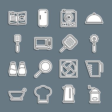 El yapımı kahve öğütücü, ölçü kabı, pizza bıçağı, elektrikli fırın, mikrodalga fırın, Spatula, yemek kitabı ve kızartma tavası ikonu. Vektör