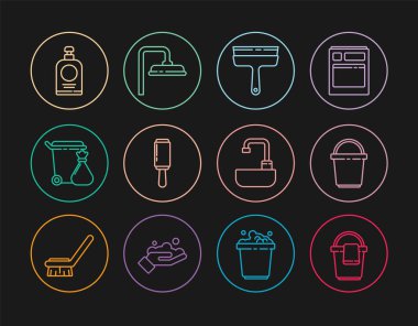 Paçavralı kova, pencereler için lastik temizleyici, yapışkan silindir, çöp tenekesi ve çöp torbası, el dezenfektanı şişesi, lavabo musluğu ve duş başlığı ikonu. Vektör