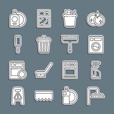 Duş başlığı, deterjan, deterjan, kova sabun köpüğü, çöp tenekesi, yapışkan silindir, bulaşık yıkama tabağı ve cam silikonu. Vektör