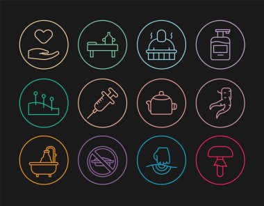 Çizgi mantar, zencefil kökü, sauna ve spa prosedürleri, şırınga, akupunktur terapisi, kalp eli, saplı kettle ve masaj masası yağ ikonu. Vektör