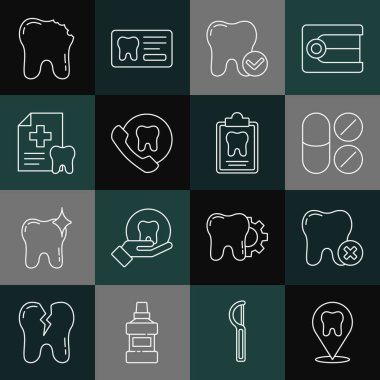Dişçi kliniğinin yerini belirle, diş bakımı, ağrı kesici tablet, beyazlatma konsepti, online diş bakımı, kart, kırık diş ve ikon. Vektör