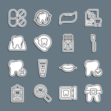 Diş teli, diş fırçası, diş macunu, çevrimiçi diş bakımı, ağrı kesici tablet ve ikon. Vektör