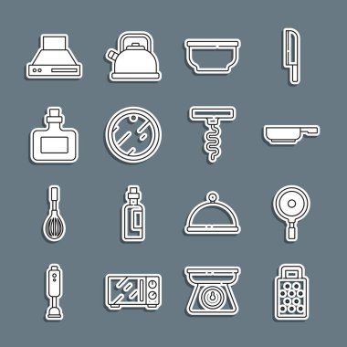 Hat Grater, kızartma tavası, bowling, kesme tahtası, sos şişesi, mutfak vantilatörü ve şarap tirbuşonu ikonu. Vektör