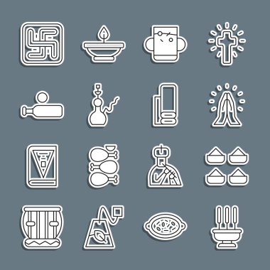 Tütsü çubukları, Hint baharatı, dua eden eller, bir fincan çay yaprağı, nargile, tahta kriket topu, Hindu gamalı haç ve tekstil kumaş ikonu. Vektör