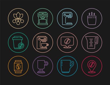 Kahve çekirdeği, sürahi bardağı suyu, kahve makinesi, kahve fincanı, dal ve ikon ile hatları ayarlayın. Vektör