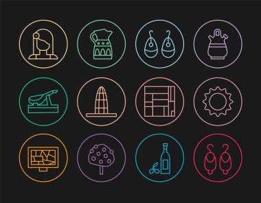 Set hattı Küpeleri, Güneş, Agbar Kulesi, İspanyol jamonu, Kadın, Ev Edificio Mirador ve Sangria sürahi ikonu. Vektör