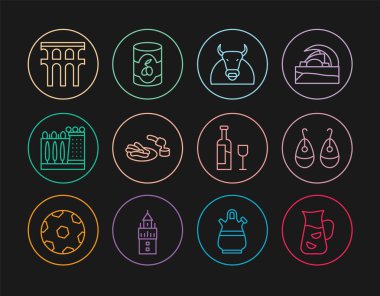 Sabit hat Sangria, Küpe, Boğa, Churros ve çikolata, Dali Müzesi, Segovia Aqueduct, cam ve zeytin konserveli şarap şişesi. Vektör